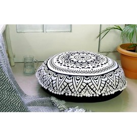 32" Mandala Large Floor Pillow Cover Meditation Cushion Seating Throw Hippie Round Colourful Decorative Bohemian Boho Chic dog bed Indian Pouf Ottoman Handmade COVER ONLY (Flower Ombre- B/W)