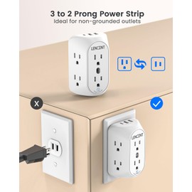 LENCENT 2 Prong Power Strip, 3 to 2 Prong Grounding Outlet Adapter 6 Outlet 1 Type C&2 USB 3.4A, Polarized Plug, 1728J Surge Protector, 3-Sided Wide Spaced Extender,Wall Mount for Non-Grounded Outlet