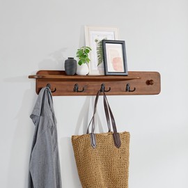 Alaterre Furniture Coat Rack with Shelf - Calais Collection Wall Mount Shelf with 4 Coat Hooks and Peg - Acacia Wood Wall Hangers (Warm Chestnut)