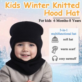 AIDIER Kids Winter Knitted Hood Hat Warm Hat Scarf Earflap Set for 6 Months-8 Years Kids Balaclava Earflap Beanies Caps for Toddler Boys Girls Solid Color Thermal Hooded Scarf Set Black