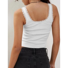 Lancifolium Trending Y2K Tank Tops Women Square Neck Cute Bow Lace Trim Knitted Crop Tops Shirts 2024 New, White, Medium