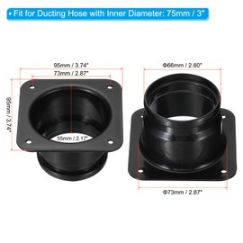 PATIKIL 3" Duct Connector Flange, 2 Pack Dryer Vent Wall Plate Square to Round Straight Ducting Plate for Air Heating Cooling Ventilation Exhaust Fan, Black
