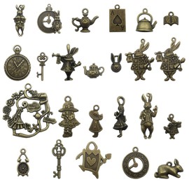 40 PCS Alice in Wonderland Fairy Charms Collection - Antique Alice Rabbit Steampunk Skeleton Keys Pendants Jewelry Findings (Bronze HM76)