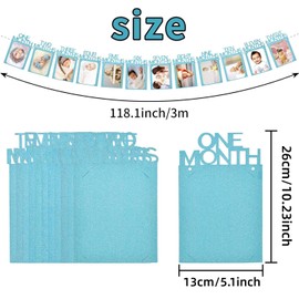 1st Birthday Banner, Baby Milestone Garland, 1 Birthday Photo Banner 1 to 12 Months, Includes String & Needle Party Decoration & Accessories (Blue)