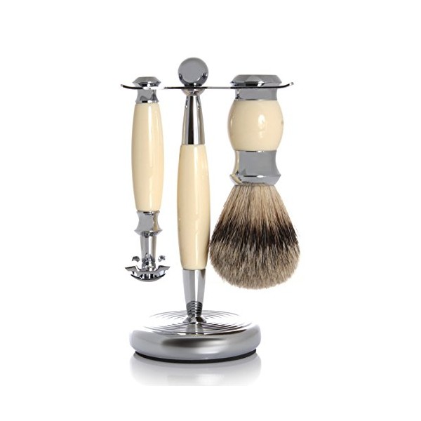 GOLDDACHS Shaving Set, Safety Razor, Finest Badger, White/Silver