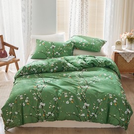 STYHO Floral Single Duvet Cover Sets Green Plum Blossom Flowers Bedding Set Soft Reversible Farmhouse Botanical Branch Printed Quilt Covers with Pillowcase(Green, Single)