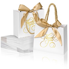 DECHISY 50Pack Small Thank You Bags with Handle Bulk,5.5x 2.5x4.7Inch Thank You Gift Bags,White Gift Bags with Handles,Party Favor Bags for Bridal Shower,Birthday Party,Baby Shower,Wedding