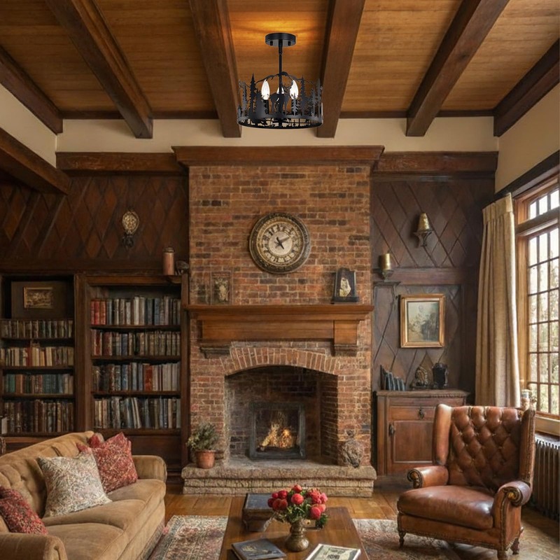 Rustic Semi Flush Mount Ceiling Light,3-Light E12 Base Living Room