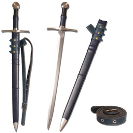 Medieval Sharp Blade Blue Western Sword with Knight Motif Manganese Steel Blade Real Sword Supplied with Belt Total Length 37.99 inches for Display Gift Collection