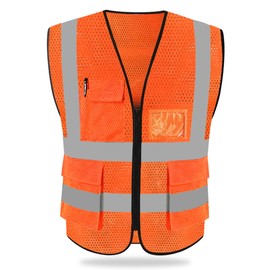 HYCOPROT Safety Vests High Visibility Reflective Vest Executive Manager Jacket Zip 2 Band Brace, Orange-mesh