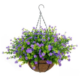 BCBLF Artificial Hanging Flowers Basket, 12 UV-Resistant Bundles of Realistic Fake Flowers, Faux Plants for Outdoor Decor, Home, Garden, Porch, Patio, Spring & Summer Decorations, Purple