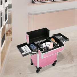 RibasuBB Rolling Makeup Train Case, Large Storage Cosmetic Trolley with 4 Tray, Professional Aluminum Cosmetic Case, Travel Makeup Trolley with Sliding Rail Removable Middle (Pink)