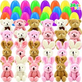 24 Pcs Prefilled Easter Eggs with Plush Bunnies and Bears, Filled Easter Eggs with Plush Animals for Kids Toddlers Surprise Easter Eggs Hunt, Easter Basket Stuffers, Party Favors