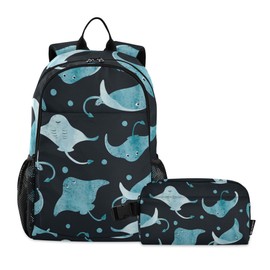 Jucciaco Watercolor Stingray Fish Backpack with Lunch Bag, School Backpack for Teens Boys Girls Kids Travel Backpacks Set