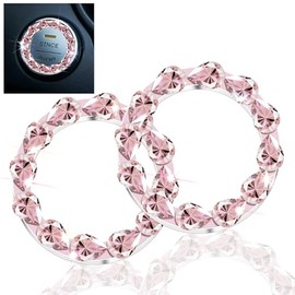 Soleebee 2 PCS Bling Car Engine Start Stop Trim Ring for Women, Crystal Rhinestone Car Push Start Button Cover/Sticker, Key Ignition and Knob Bling Ring (Pink)