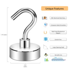 Neosmuk Magnetic Hooks, 20kg Heavy Duty Earth Magnets with Hook for Refrigerator, Extra Strong Cruise Hook for Hanging, Magnetic Hanger for Cabins, Grill (Silvery White, Pack of 10)