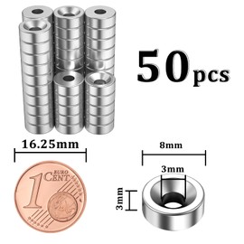 MIN CI Pack of 50 Strong Neodymium Magnets with Hole 8 x 3 mm M3 Magnets for Magnetic Board Magnets Screws Screwable Flat Small Magnet Pot Magnet Kitchen Cabinet Fridge Magnet Round