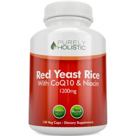 Purely Holistic Red Yeast Rice 1200mg with CoQ10 & Flush Free Niacin 120 Vegetarian Capsules - Non Irradiated, Citrinin Free