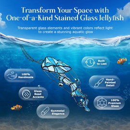 Jellyfish Stained Glass Window Hanging, Ocean Sea Life Sun Catchers Indoor Panel, Nautical Suncatcher Decor for Home, Wall, Garden, Coastal Ornament Gift for Women, Beach Lovers