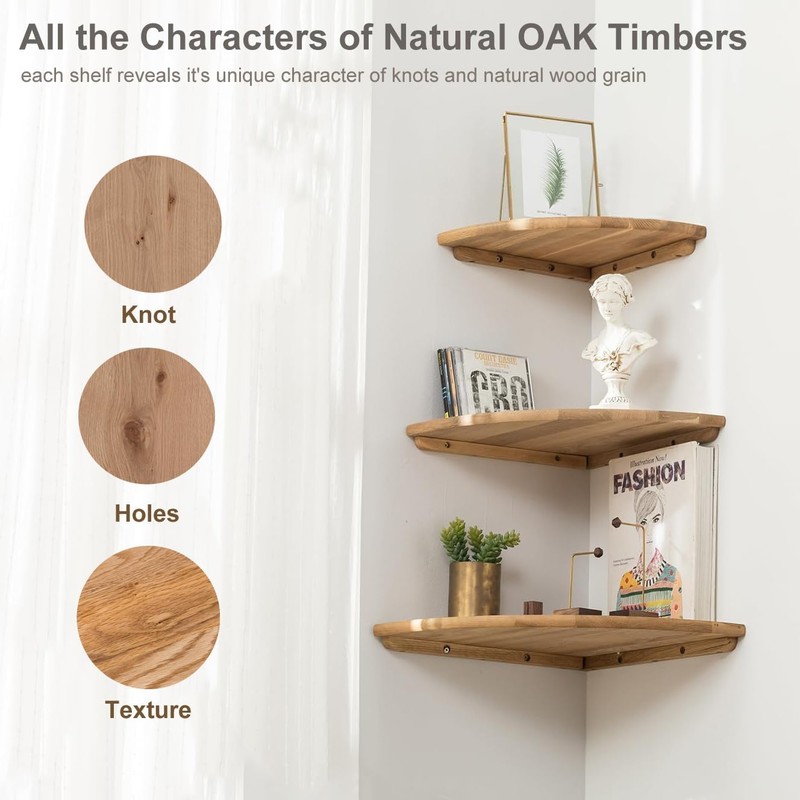 Conamily Corner Shelf, Solid Oak Wood Floating Corner Shelf Wall
