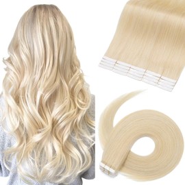 TESS Tape Extensions, Real Hair, Pack of 20, 30 cm #60 White Blonde, 50 g/Pack, Skin Weft Real Hair Extensions Tape, 2.5 g/Piece, Straight, Remy Hair Extensions