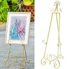 XAONIEN Gold Easel Stand for Sign, Adjustable Height Metal Easel Display Stand with Chain Support, Heavy Duty Easel for Sign, Wedding, Picture Frame, Mirror. (No Installation Required)