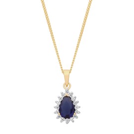 Old English Jewellers 9ct Yellow Gold on Silver Blue Sapphire & CZ Teardrop Pear Cluster Pendant Necklace 16" 18" 20" Chain Option (20)