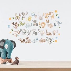Kids Alphabet Wall Decals – Removable Die-Cut Letters with Animals & Transports – Reusable Peel & Stick PVC-Free Fabric for DIY Nursery Decor (Animal Watercolor)