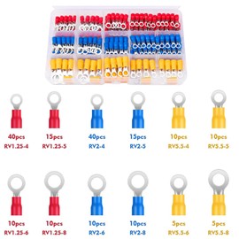 180-Piece Cable Lugs Set, Ring Terminals, Partially Insulated for Garages, Car Parts, Mechanics, Workshops