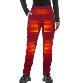 DEWBU Heated Pants for Women with 12V Battery Pack Fleece Lined Outdoor Softshell Pants Electric Heating Trousers, Women's Red, 2XL
