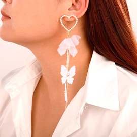 Wiwpar Crystal Butterfly Long Chain Pendant Tassel Earrings with Love Pearl Hook Heart Bow Drop Earrings Fairy Earrings for Women Brides Weeding Party, Crystal Rhinestone Pearl