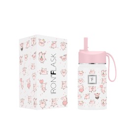 IRON °FLASK Kids Water Bottle - Straw Lid, 20 Name Stickers, Vacuum Insulated Stainless Steel, Double Walled Tumbler Travel Cup, Thermos Mug - Piggy Time, 10 Oz
