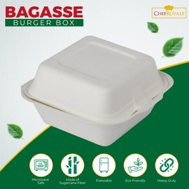 CHEF ROYALE (Pack of 30) 6" Bagasse Burger Box. Disposable White Bagasse Box for Burger.Biodegradable and Compostable Sugarcane Clamshell Takeaway Box. (30)