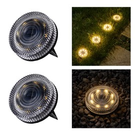 OPOIRA Glass Solar Ground Lights with Crystal Style, Modular-Design Waterproof In-Ground Light for Patio Pathway Lawn Yard Deck Walkway, Decorative Disk Lighting for Garden Bed, Warm White (2 Pack)