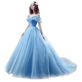 Kncpti Women's Off Shoulder Quinceanera Ball Gowns Masquerade Princess Long Prom Formal Evening Party Dress Blue 10