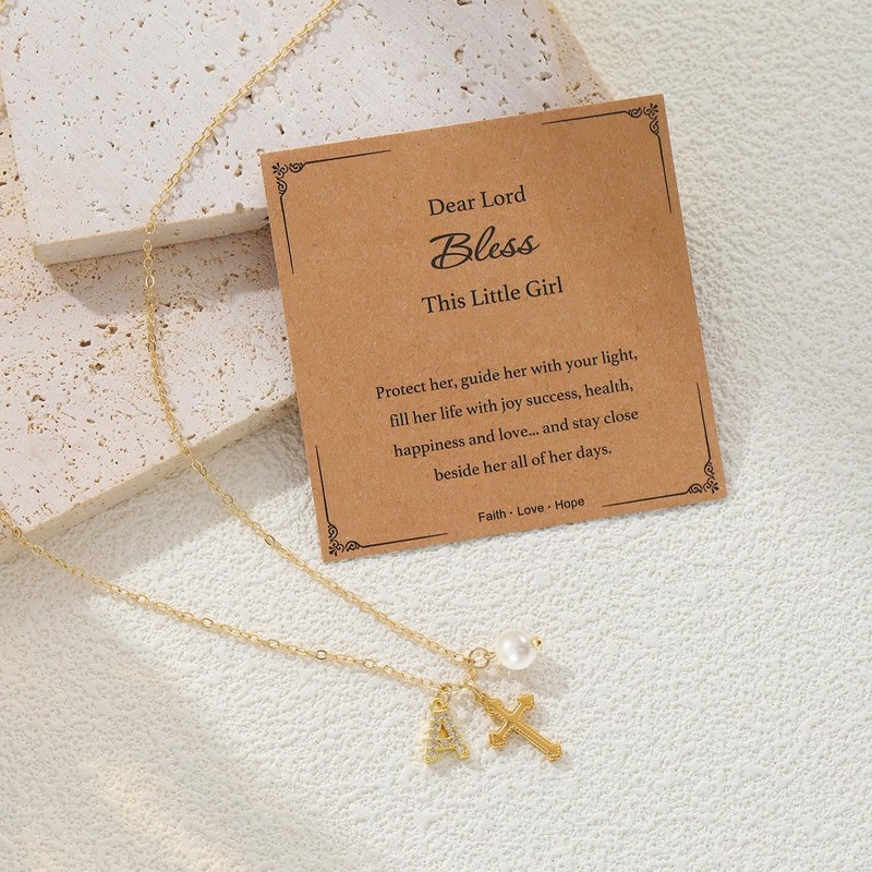 Initial Pearl Cross Necklace for Women Teen,First Communion Baptism Confirmation