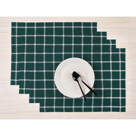 Solino Home Plaid Linen Placemats Set of 4-100% Pure Linen Dark Green Check Placemats 19" L x 14" W Inch - Machine Washable Cloth Fabric Mats - Windowpane