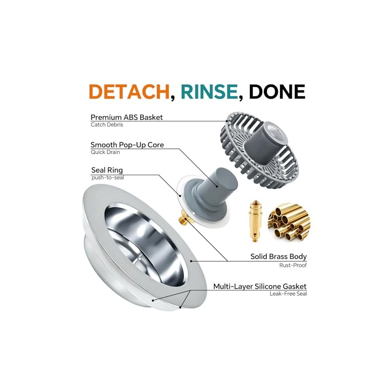Solid Brass Body 3-in-1 Kitchen Sink Drain Strainer & Stopper,