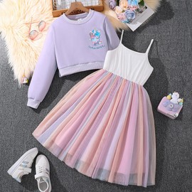 Girls' Outfits & Clothing Sets - Girls Lilac Cropped Unicorn Print Top & Cami Dress, Unicorn Dress, Girls Outfits, dress for kids, girls dress up, unicorn costume, dresses for girls ( 10 - 11 years )