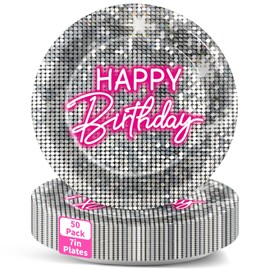 50pcs Silver Sequins Pink Neon Birthday Paper Plates Shimmer Hot Pink Disposable Dessert Plates Disco Silver Glitter Party Decorations 80s Neon Light Tableware Decor for Girls Women Birthday Party