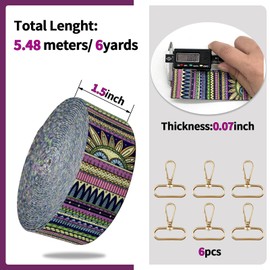 Printed Nylon Webbing Straps 1 1/2 inch 6 Yards Heavy Duty Patterned Fabric Luggage Handle Jacquard Ribbon with Buckle for Backpack Bags-Decorative Supplies-Clothing-Sewing (Bohemian Style)