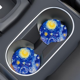 Car Cup Holder Coaster, Car Coasters for Cup Holders, 2 Pack Anti Slip Insert Absorbent Ceramic Car Coaster with A Finger Notch & Cork Base, Car Interior Accessories for Women(Van Gogh Starry Night)