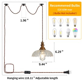Latinulu Plug in Pendant Light Industrial Pendant Lighting with Plug in Cord 9.8ft Hanging Lamps Clear Glass Shade ‎Bronze Light Fixture for Living Room Kitchen Dining Room Bedroom