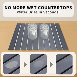 MCSDFN Foldable Stone Dish Drying Mat - 16" x 12" Heat-resistant Absorbent Quick Dry Mat for Dishes, Pots and Bottles - Dark Grey