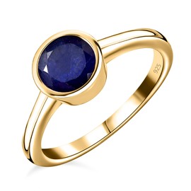TJC Blue Sapphire Solitaire Ring for Women Engagement Ladies Rings in 14ct Yellow Gold Plated 925 Sterling Silver Size O September Birthstone Metal Wt. 1.8 Grams