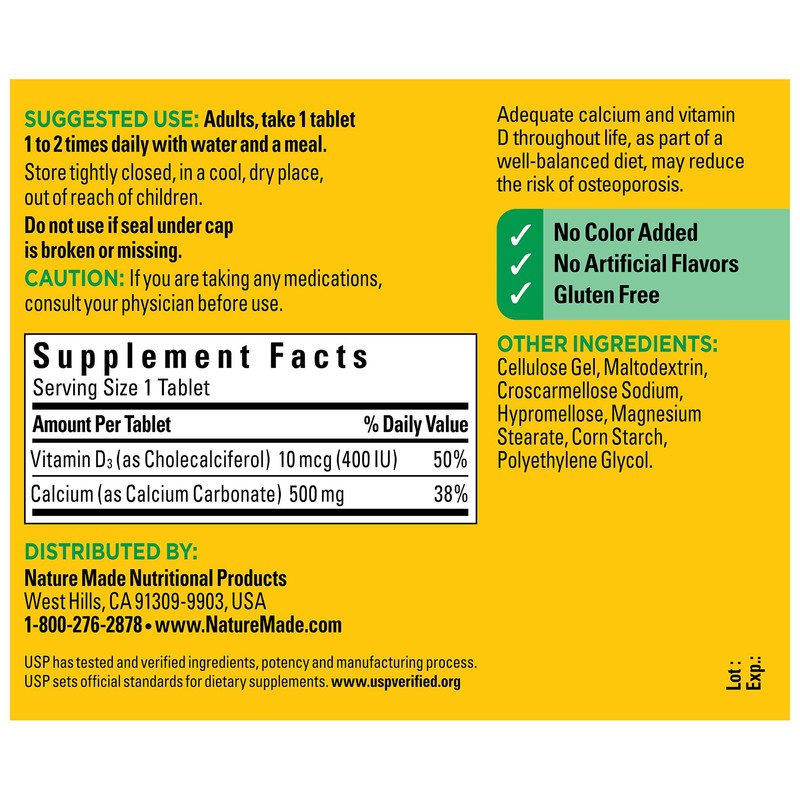 Nature Made Calcium 500 mg with Vitamin D3, Dietary Supplement