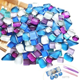 400g Mixed Shapes Glass Mosaic Tiles for Crafts Crystal Craft for Adults Kids Stained Glass Supplies for Bathroom Kitchen (Blue Mixed)