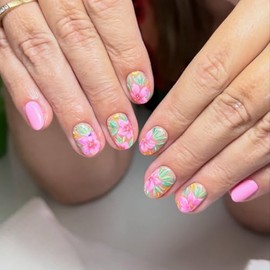 Uñas postizas cortas redondas con diseño de flores rosas, acrílicas, de cobertura total, adhesivas para mujer, brillantes, reutilizables, kit de 24 pi