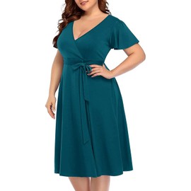 Peacock Dress Plus Size Wrap Midi A-Line Short Sleeve Casual Summer V-Neck Semi Formal Wedding Guest Sun Dress Women