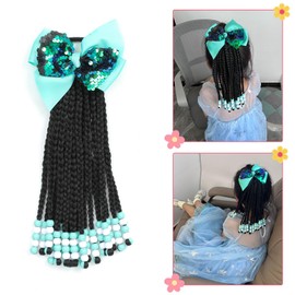 Kids Ponytail Extension With Beads Braids Kids Hair Extensions For Girls Braid Ponytail Extension Hair Beads For Kids Girls Kids Hair Accessories For Girls (Box-9inch, Green&White)